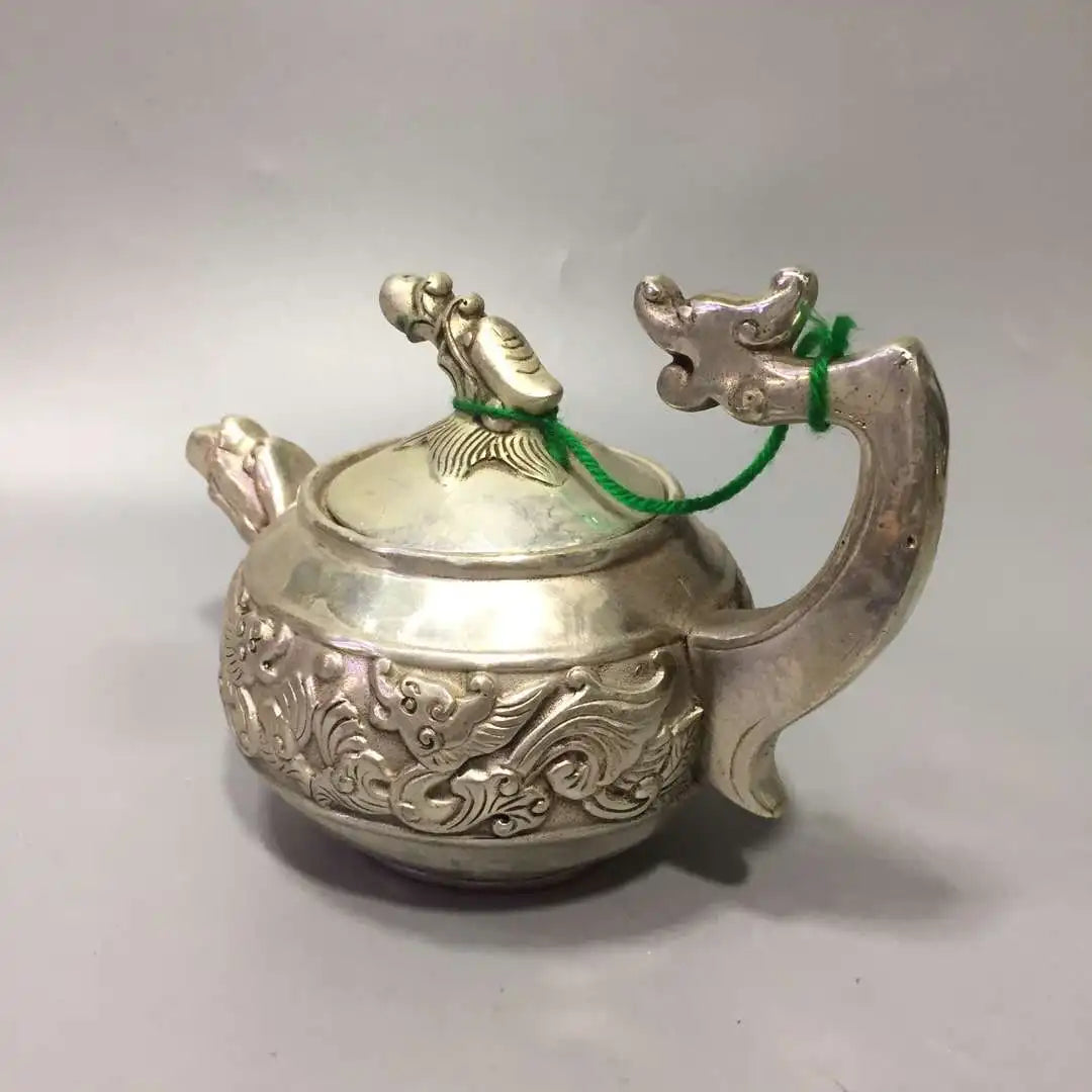 Chinese archaize White copper dragon handle teapot crafts statue #2