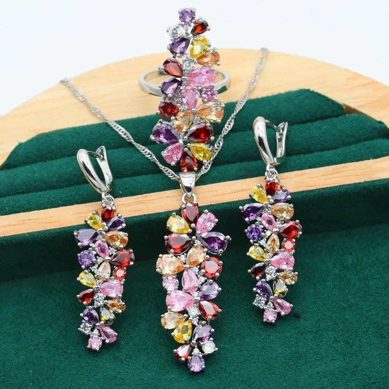 New Multicolour Purple Topaz 925 Silver Jewelry Set For Women Bracelet Earrings Necklace pendant Ring Birthday Gift 4PCS