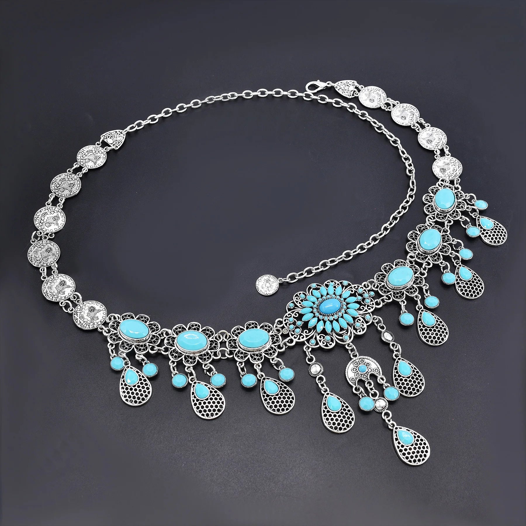 Bohemian Blue Stone Belly Chains for Women Vintage Metal Coin Tassel Flower Bikini Dance Waist Body Chain Party Jewelry Gift