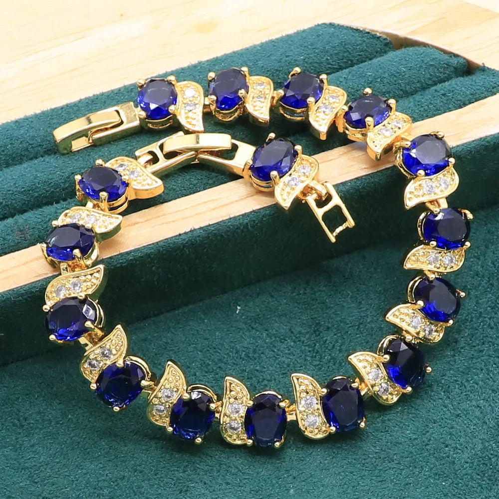 Gold Color Jewelry Sets For Women Wedding Party Royal Blue Crystal Bracelet Earrings Necklace pendant Ring Christmas Gift Box
