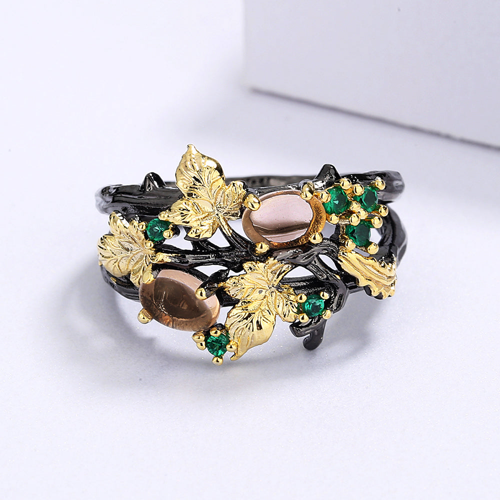New Exquisite Leaf Flower Color Zircon Ladies Women's Ring Jewelry Black Gold Two-color Red Zircon Ring Ladies Ring