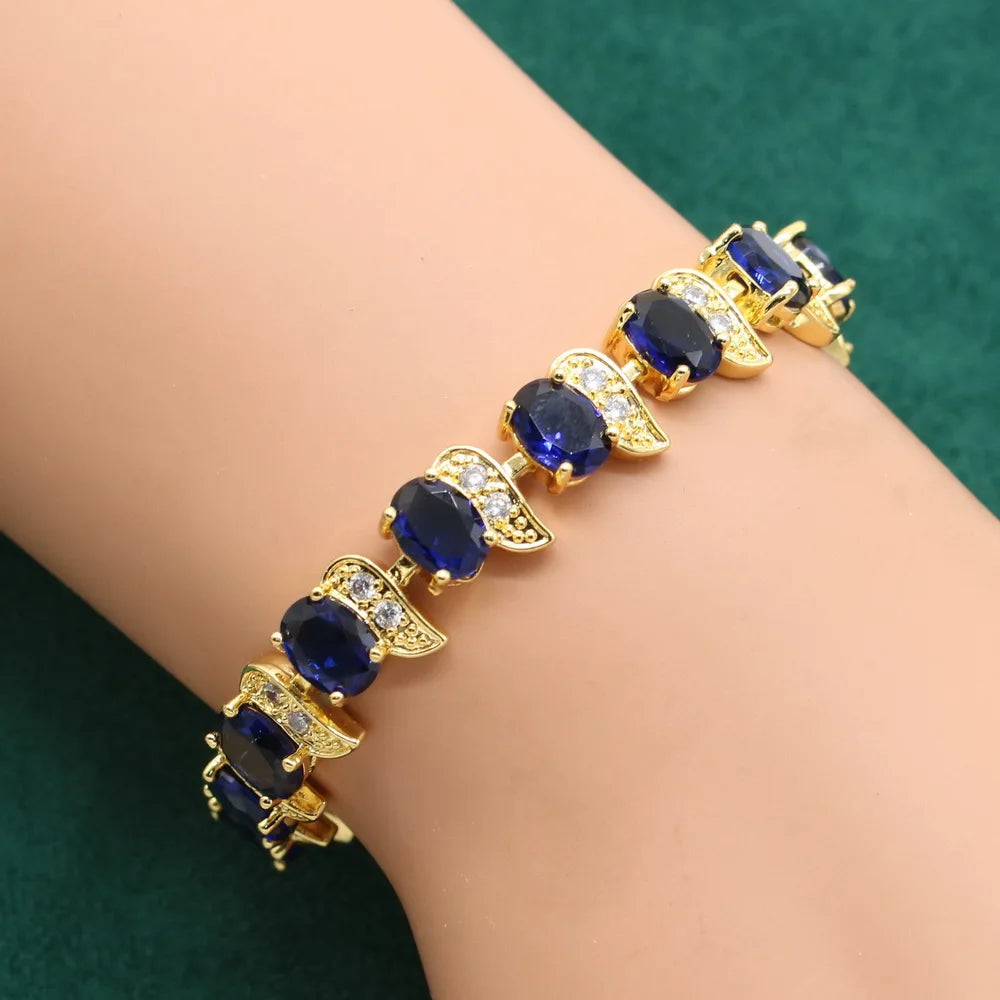 Gold Color Jewelry Sets For Women Wedding Party Royal Blue Crystal Bracelet Earrings Necklace pendant Ring Christmas Gift Box