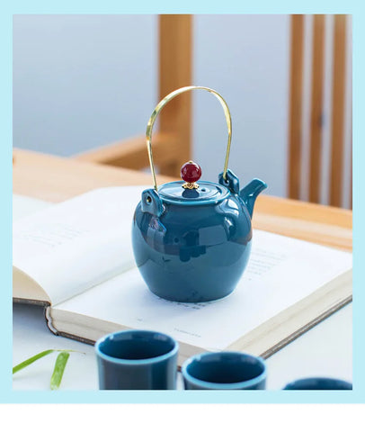 Celadon Handle Pot Porcelain TeaPot Home Ceramic Chinese Tea Set Simple Solid Color Hotel Restaurant Kettle about 310ML