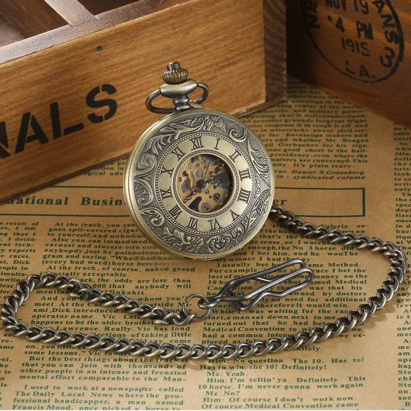 Vintage 2 Sides Open Case Mechanical Men's Watch Double Face Roman Dial Clock Hand Wind Pocket Watch With FOB Chain Gift