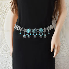 Bohemian Blue Stone Belly Chains for Women Vintage Metal Coin Tassel Flower Bikini Dance Waist Body Chain Party Jewelry Gift