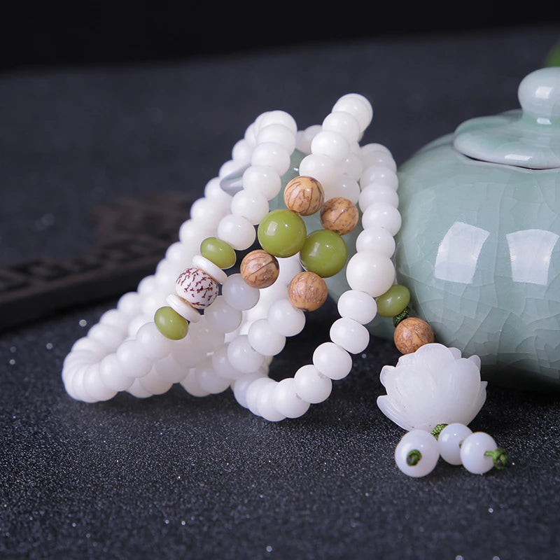 108 White Jade Bodhi Roots Bracelet Womens Lotus Leaf Multi-layer Beads Fashion Bracelet Buddha Charm Yoga Necklace Dropshipping