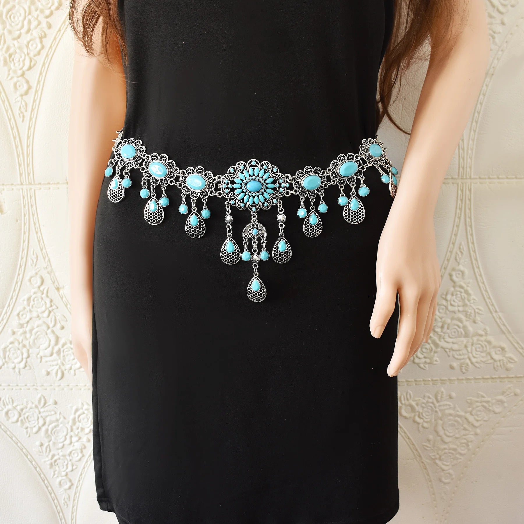 Bohemian Blue Stone Belly Chains for Women Vintage Metal Coin Tassel Flower Bikini Dance Waist Body Chain Party Jewelry Gift