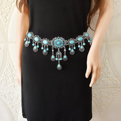 Bohemian Blue Stone Belly Chains for Women Vintage Metal Coin Tassel Flower Bikini Dance Waist Body Chain Party Jewelry Gift