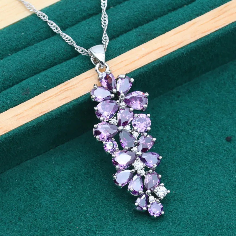 New Multicolour Purple Topaz 925 Silver Jewelry Set For Women Bracelet Earrings Necklace pendant Ring Birthday Gift 4PCS