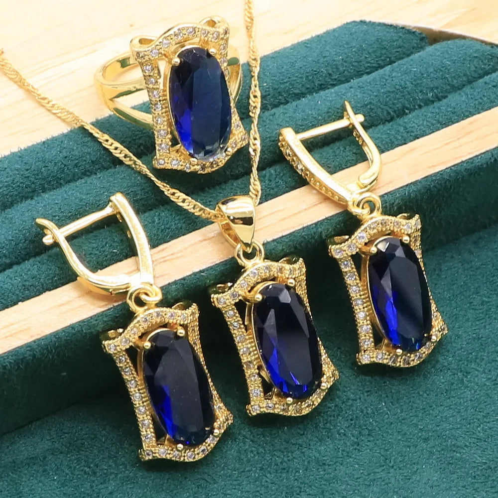 Gold Color Jewelry Sets For Women Wedding Party Royal Blue Crystal Bracelet Earrings Necklace pendant Ring Christmas Gift Box
