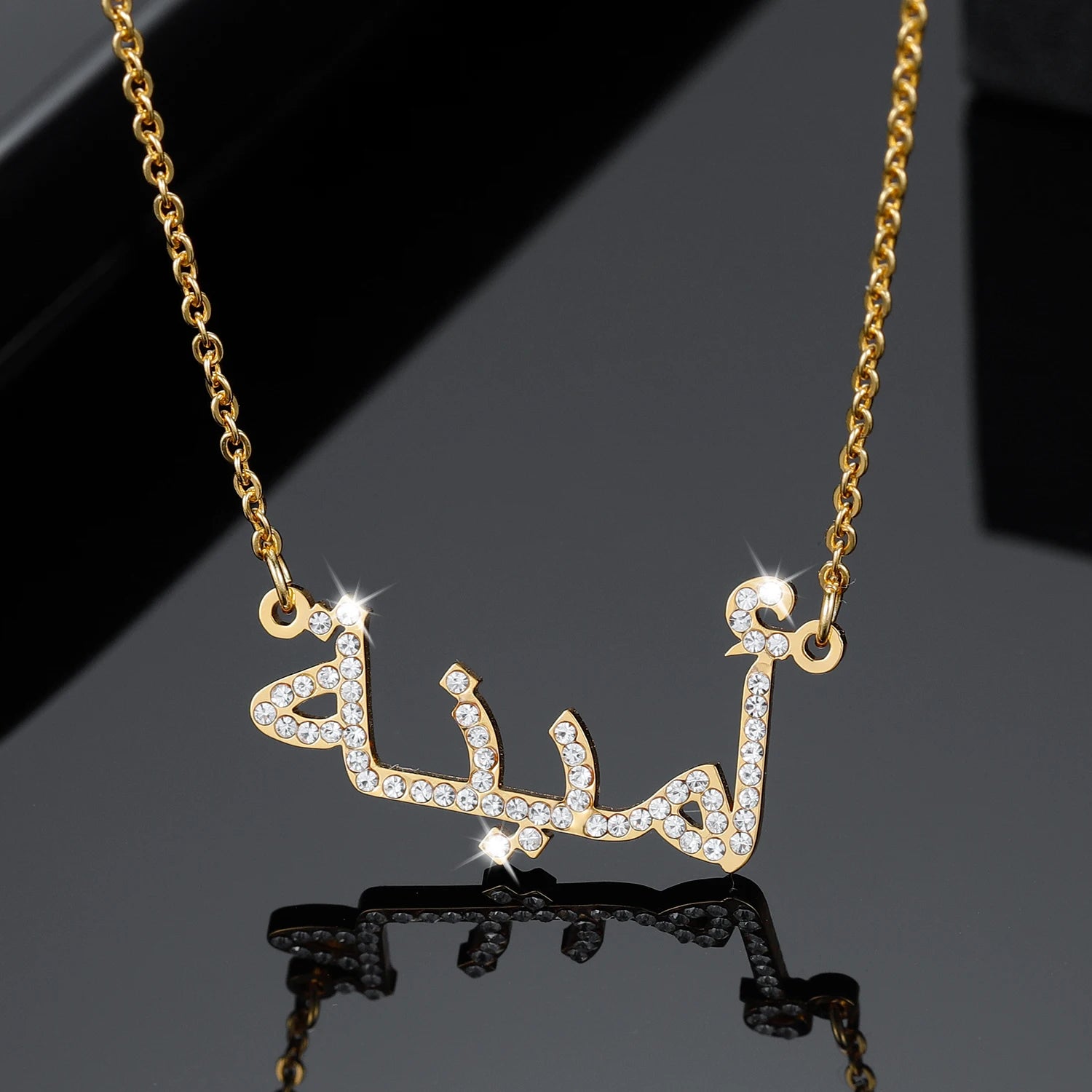 Custom Arabic Name Necklace Crystal Arabic Pendant Personalized Islamic Nameplate Gold Chain Stainless Steel Jewelry For Women