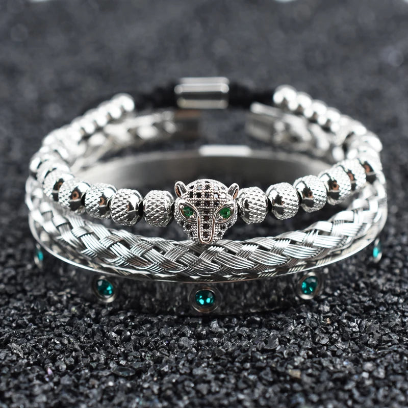 Luxury Set Green Eye Leopard Head Charm Handmade Man Bracelet Crystals Women Stainless Steel Bangles Jewelry