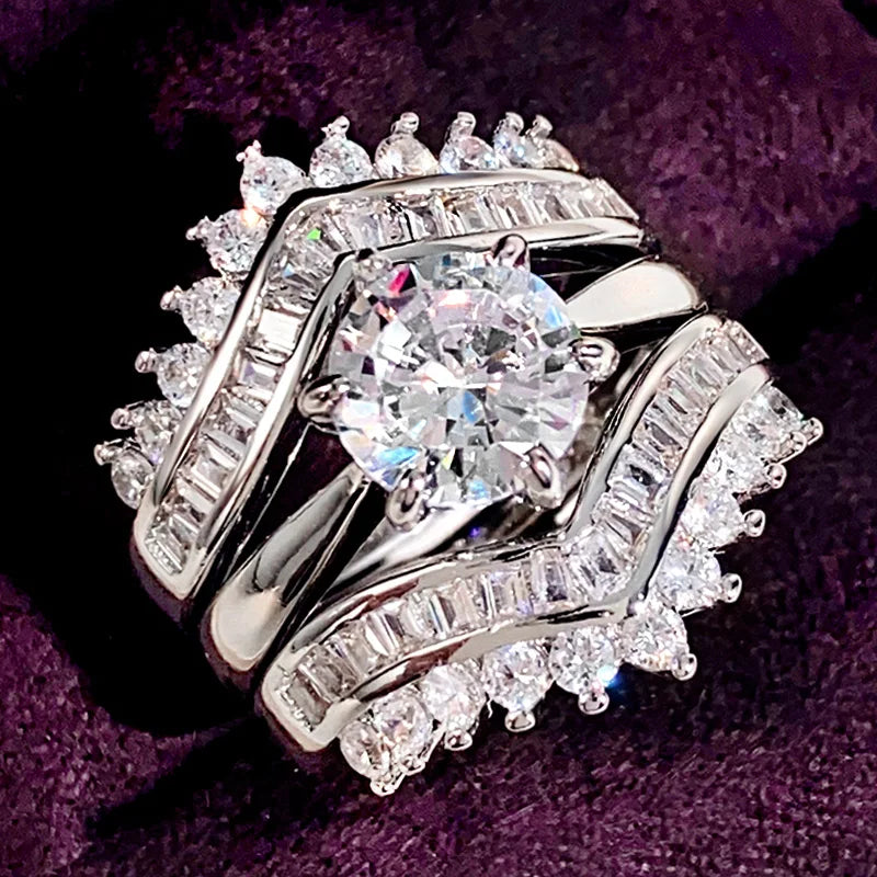 Fashion Wedding Ring Set for Women Dazzling Square Zirconia Luxury Lady Accessories Set Trendy Delicate Bridal Jewelry