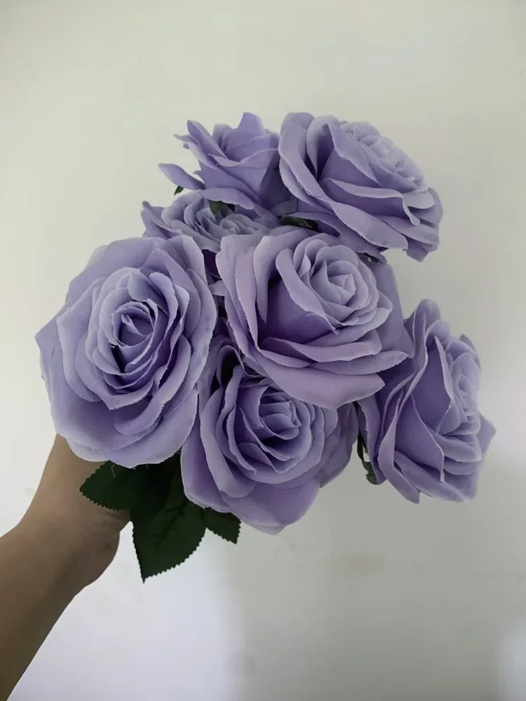 9Heads Roses Bouquet Artificial Flower purple dark purple Rose Fake Rose Living Room Decoration Wedding Livingroom decor Love