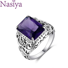 Silver Rings Amethyst Zircon Women Hollow Out Design Fine Jewelry Bridal Wedding Engagement Ring Accessory