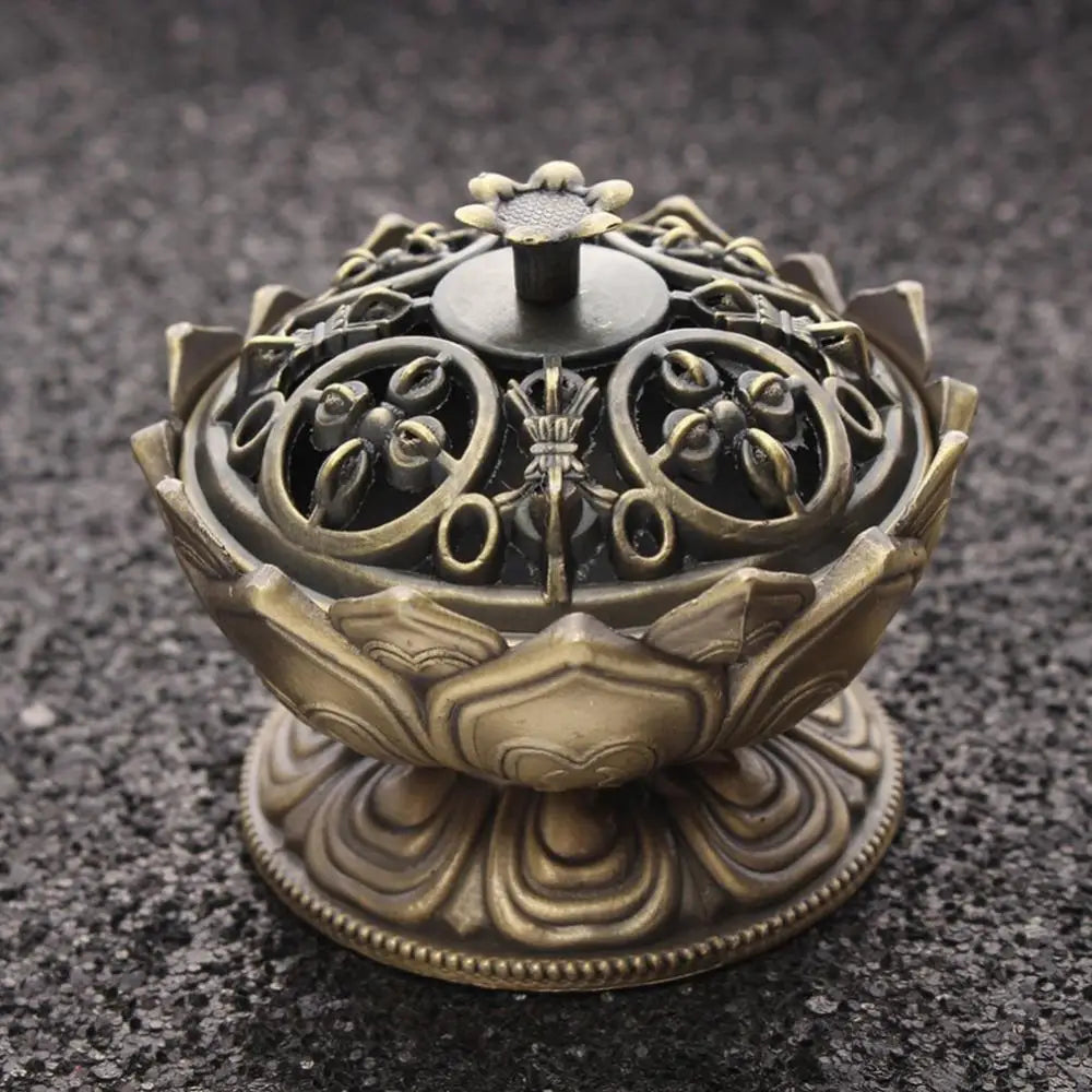 Alloy Incense Burner Chinese Buddha Lotus Flower Incense Holder Handmade Censer for Buddhist Home Office Decoration