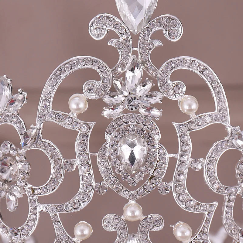 Baroque Vintage Crystal Pearl Big Tiara Crown Diadem Queen King Head Jewelry Bridal Tiaras Wedding Hair Accessories Ornaments