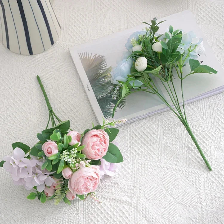 Blue Silk Bouquets Artificial Forest Hydrangea Peony Bud Wedding Bride Hand Bouquet Home Garden Desktop Flower Arrangement Decor
