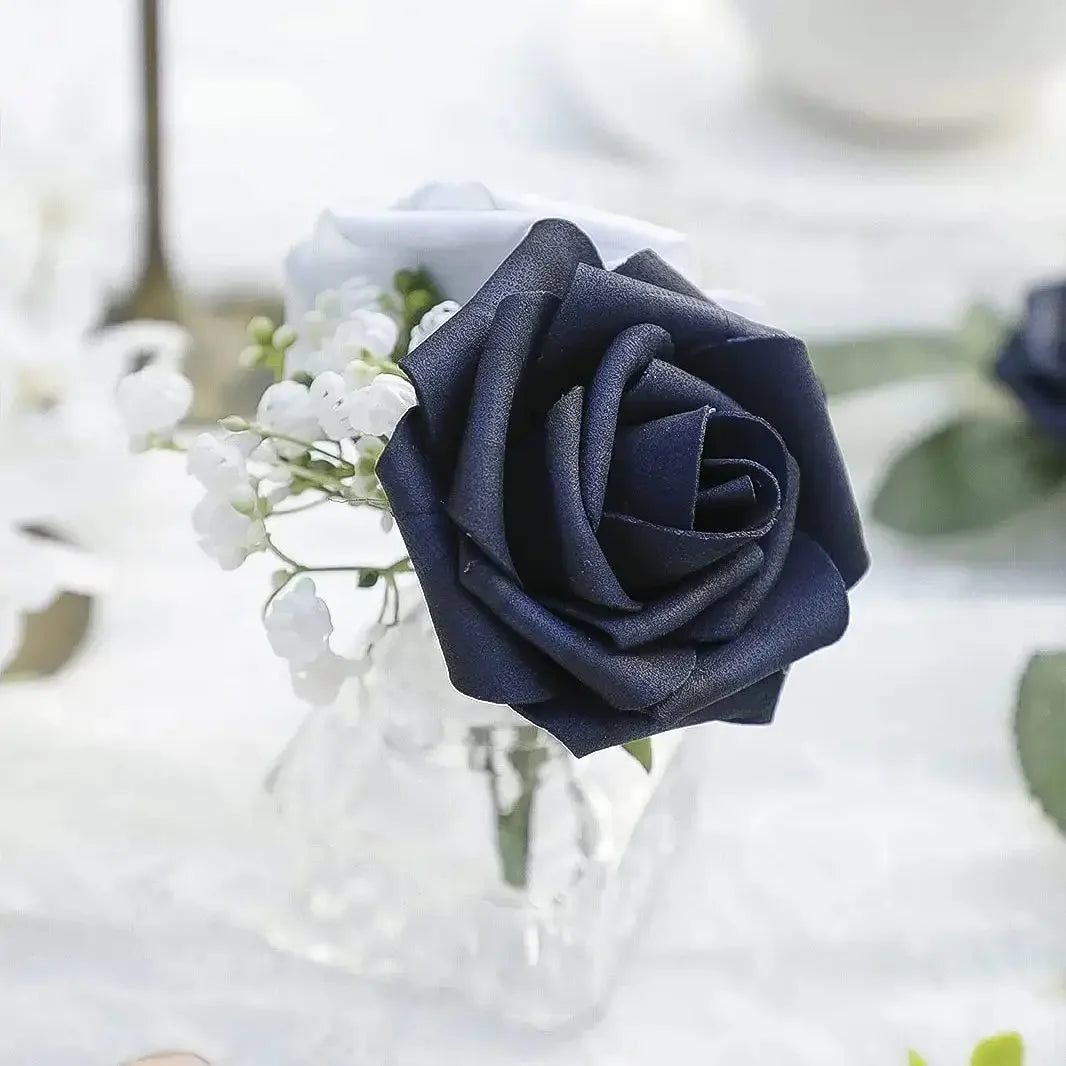 Artificial Flowers 25pcs Real Looking Navy Blue Foam Fake Roses with Stems for DIY Wedding Bouquets Bridal Shower Centerpieces P