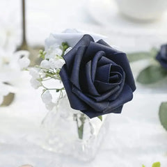 Artificial Flowers 25pcs Real Looking Navy Blue Foam Fake Roses with Stems for DIY Wedding Bouquets Bridal Shower Centerpieces P
