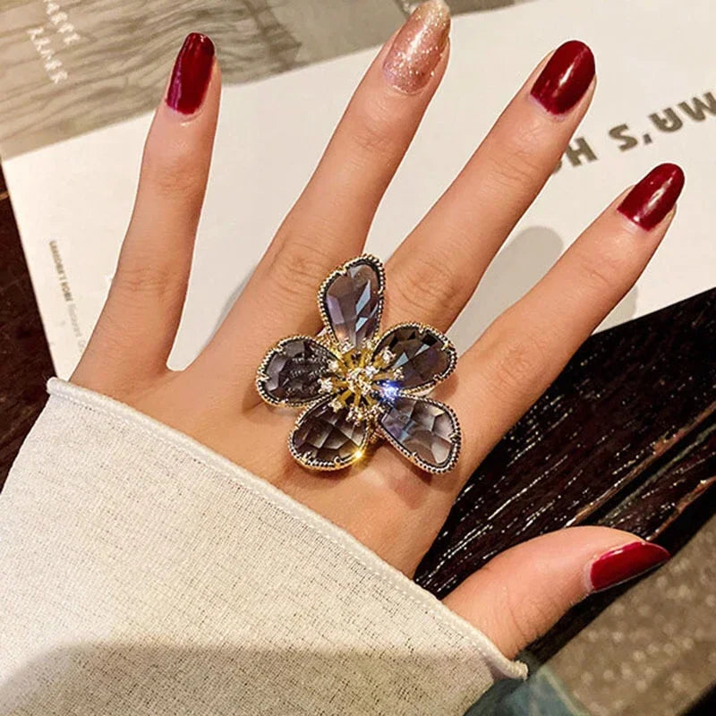Fashion Elegant Crystal Flower Open Ring for Women 2024 New Luxury Wedding Party Jewelry Accessories Christmas Gifts