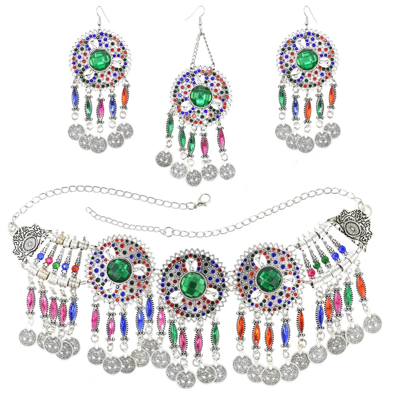 3PC Indian Afghan Jewerly Sets for Women Boho Ethnic Hairbands Necklace Earrings Coins Tassels Vintage Colorful Crystal Drop
