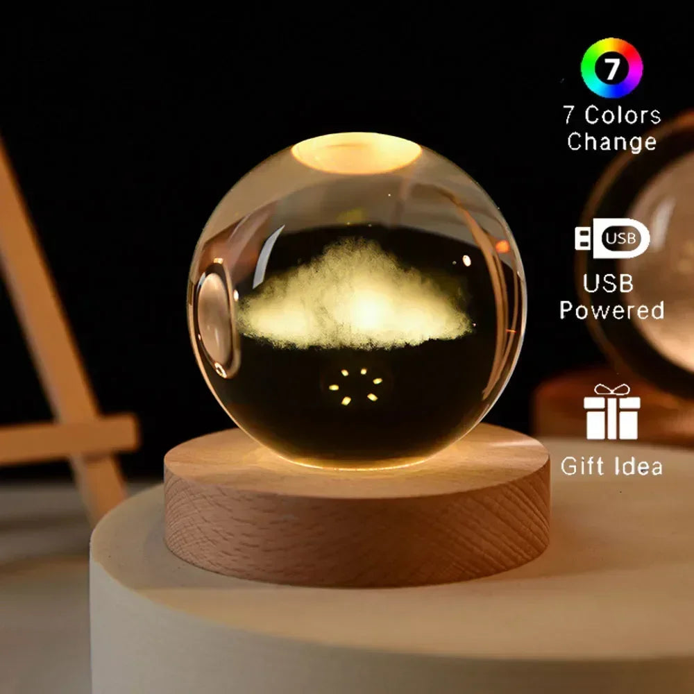 6cm 3D Crystal Christmas Night Light Wooden Base Seven Spectral Colors LED Gift for Boys and Girls