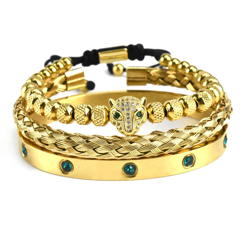 Luxury Set Green Eye Leopard Head Charm Handmade Man Bracelet Crystals Women Stainless Steel Bangles Jewelry