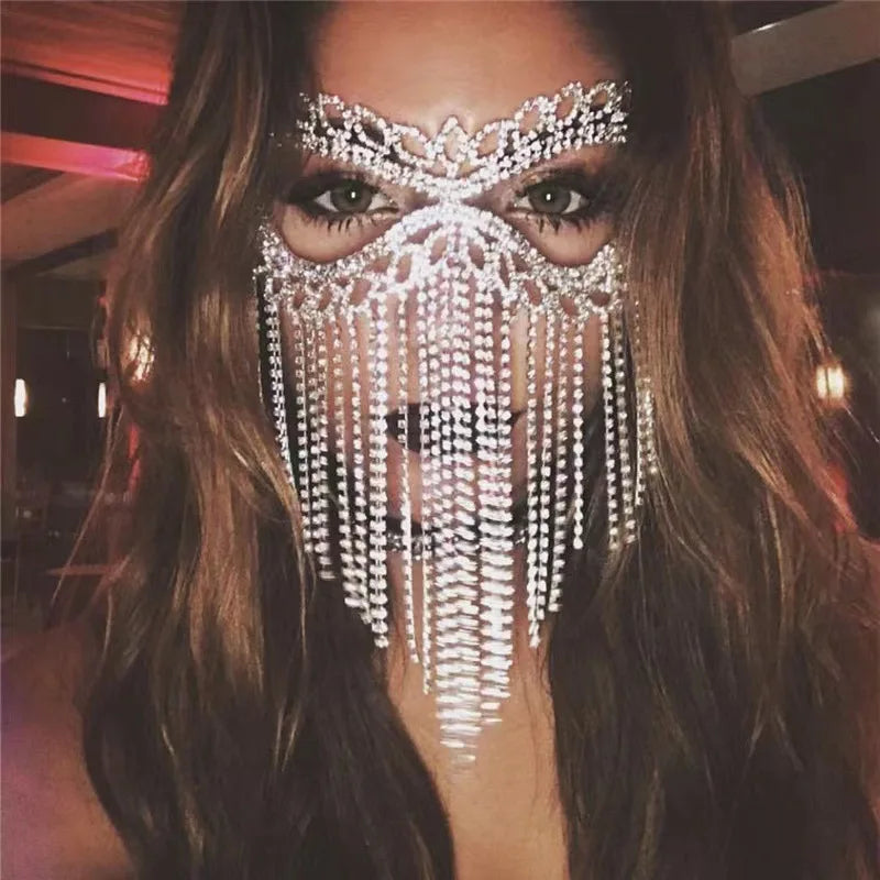 Fashion Charming Rhinestone Tassel Veil Masks for Women Bohe Face Jewelry Chain Masquerade Dance Party Sexy Costume Accessories