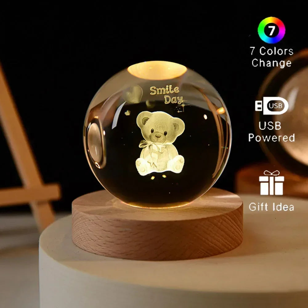 6cm 3D Crystal Christmas Night Light Wooden Base Seven Spectral Colors LED Gift for Boys and Girls