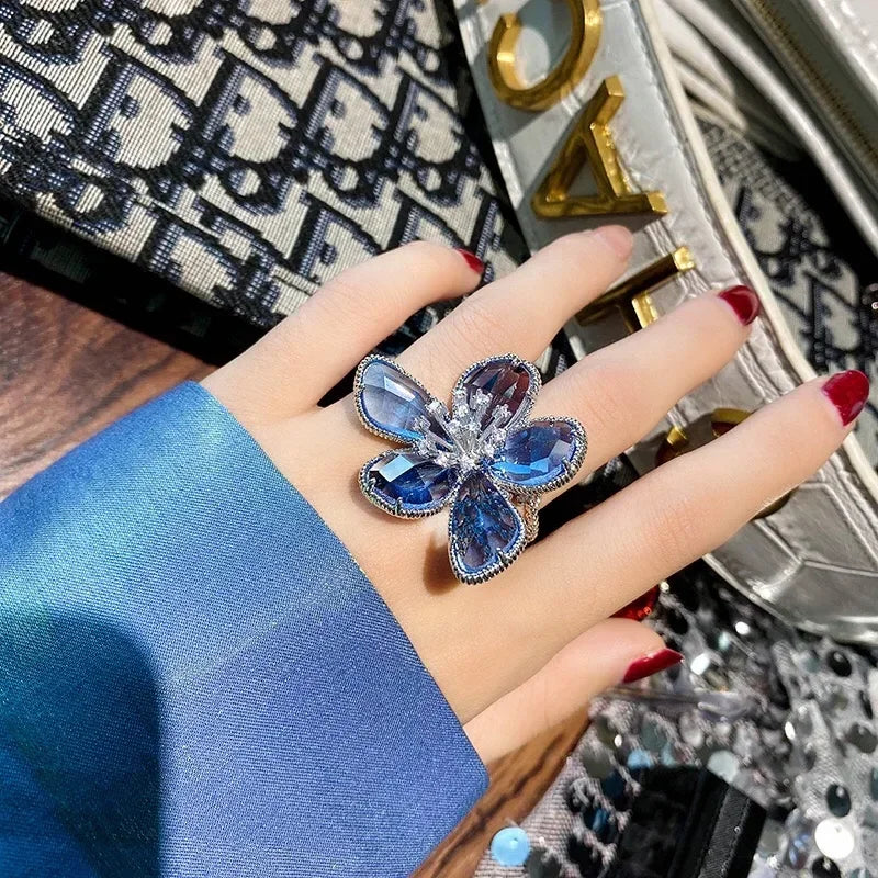 Fashion Elegant Crystal Flower Open Ring for Women 2024 New Luxury Wedding Party Jewelry Accessories Christmas Gifts
