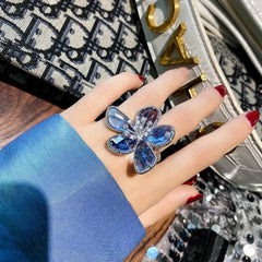 Fashion Elegant Crystal Flower Open Ring for Women 2024 New Luxury Wedding Party Jewelry Accessories Christmas Gifts