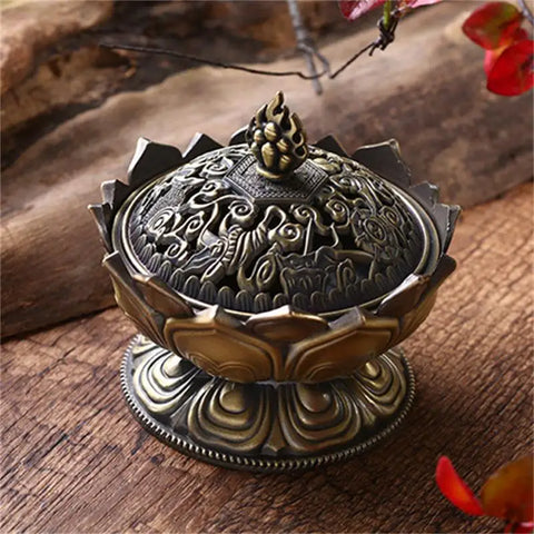 Alloy Incense Burner Chinese Buddha Lotus Flower Incense Holder Handmade Censer for Buddhist Home Office Decoration