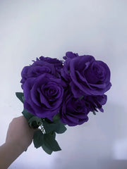 9Heads Roses Bouquet Artificial Flower purple dark purple Rose Fake Rose Living Room Decoration Wedding Livingroom decor Love