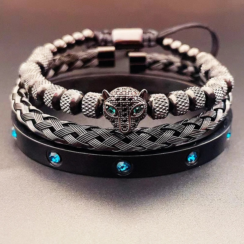Luxury Set Green Eye Leopard Head Charm Handmade Man Bracelet Crystals Women Stainless Steel Bangles Jewelry
