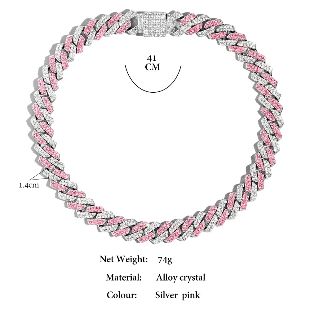 Hip Hop Bling Pink Crystal Cursive Initial Letter Cuban Necklace for Women Iced Out Paved Cuban Chain Necklace Choker Jewelry