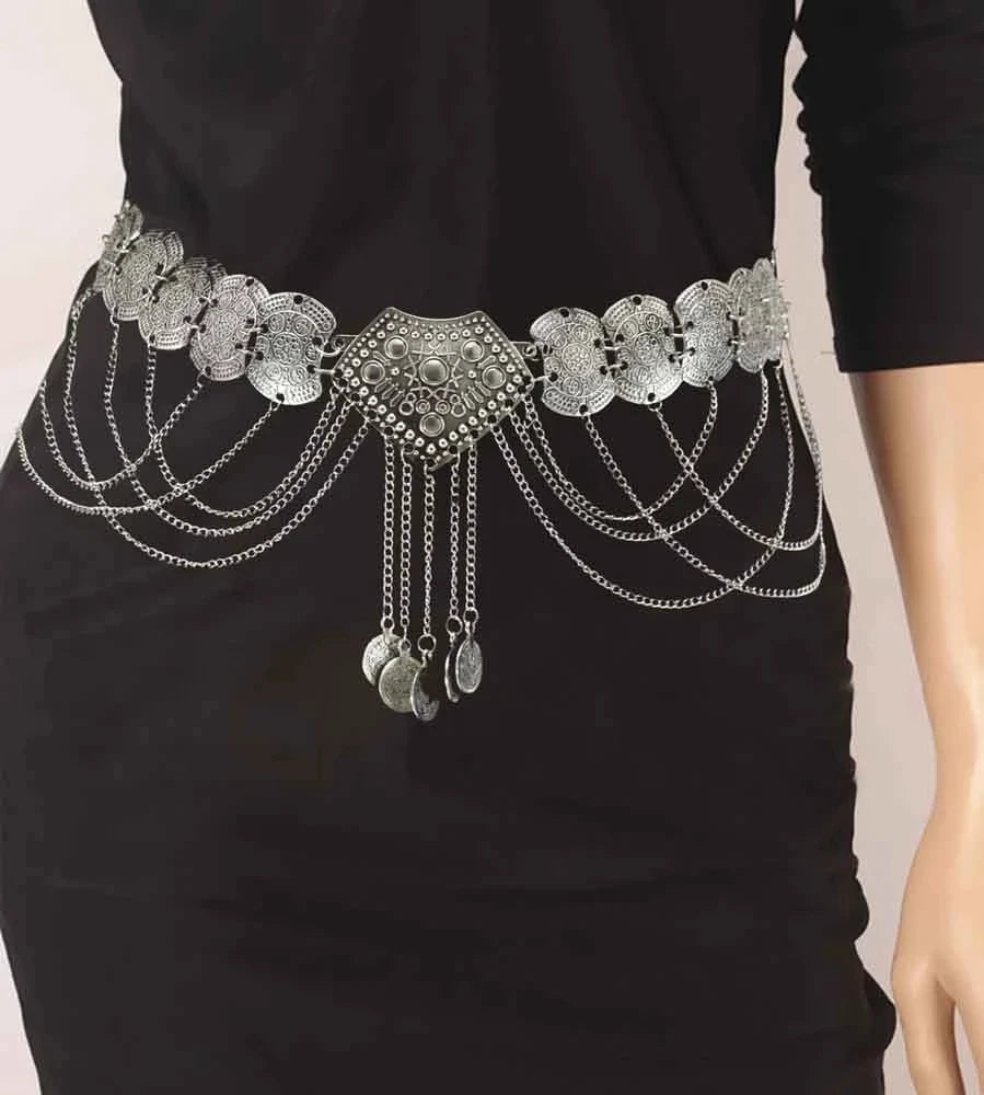 Bohemian Blue Stone Belly Chains for Women Vintage Metal Coin Tassel Flower Bikini Dance Waist Body Chain Party Jewelry Gift