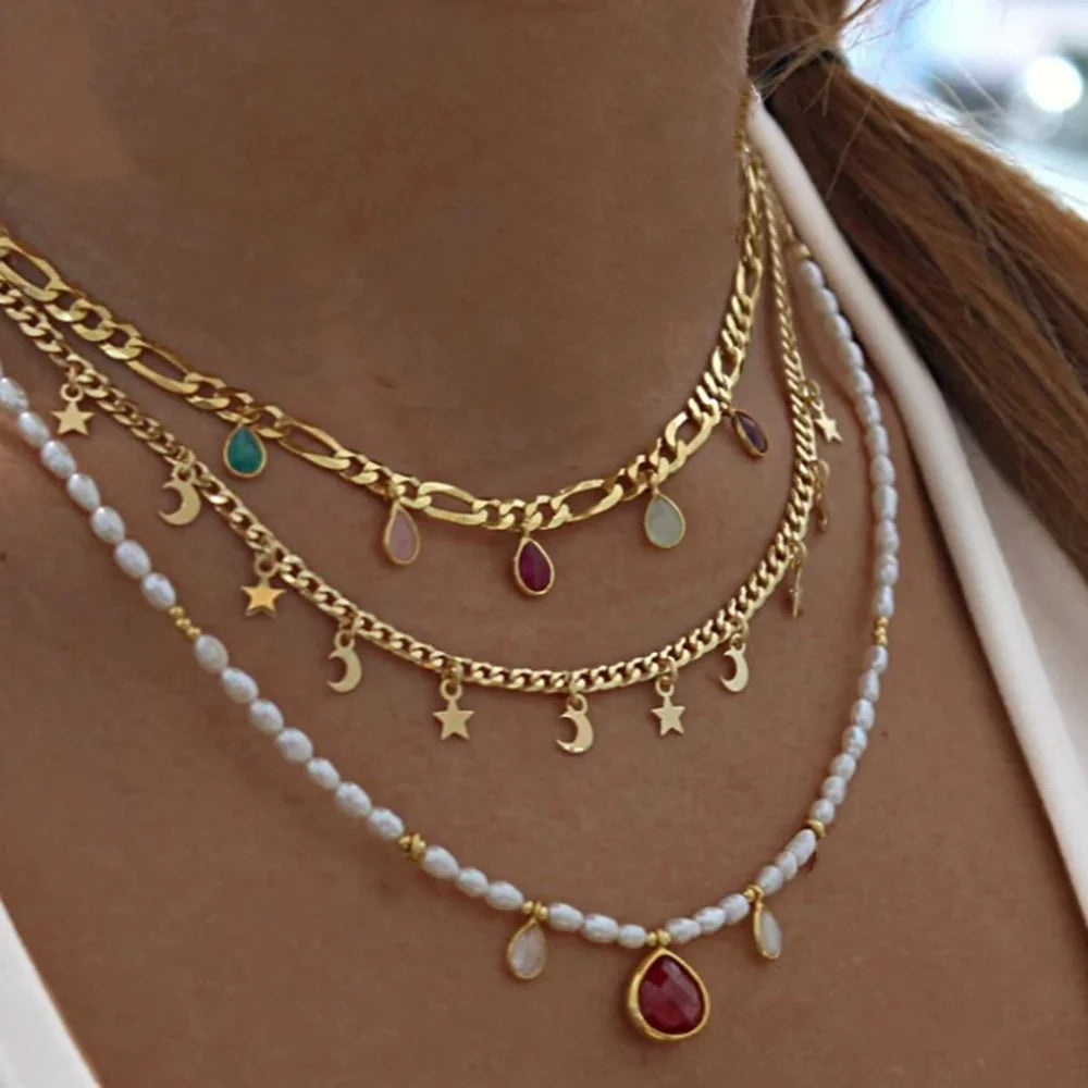 Bohemian Multilayer Handmade Mixed Chain For Woman Fashion Necklaces Water Droplet Crystal Pendant Jewelry Gift 2023 New