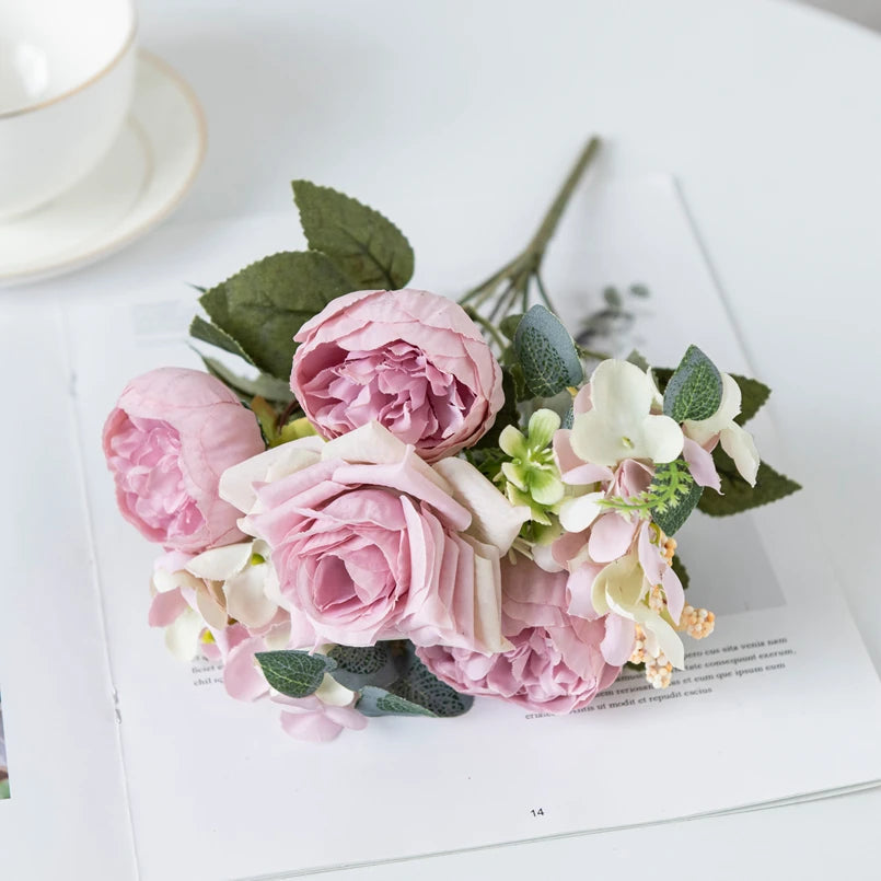 Cheap Silk Hydrangea Spring Wedding Garden Roses Bridal Bouquet Festival Decoration Vase Home Room Fake Peony Artificial Flowers