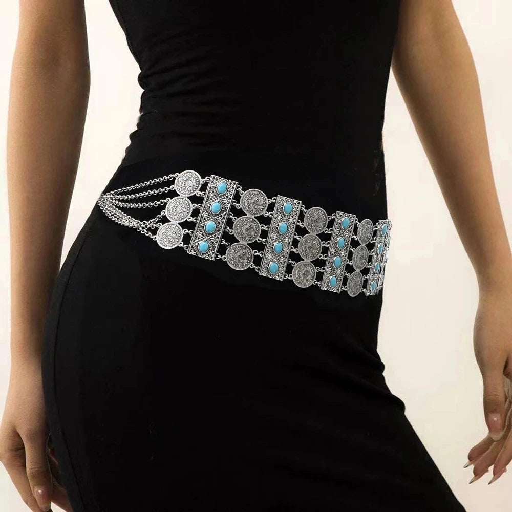 Bohemian Blue Stone Belly Chains for Women Vintage Metal Coin Tassel Flower Bikini Dance Waist Body Chain Party Jewelry Gift