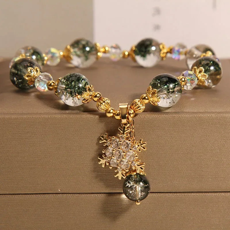Fashion Green Crystal Bracelet Luxury Women's Rose Pendant Beaded Charm Bangles Birthday Wedding Party Jewelry Gift Wholesale