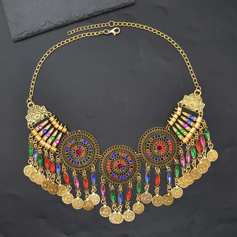 3PC Indian Afghan Jewerly Sets for Women Boho Ethnic Hairbands Necklace Earrings Coins Tassels Vintage Colorful Crystal Drop