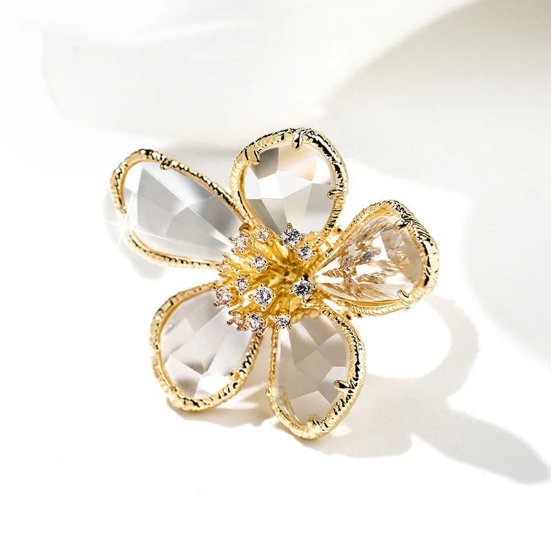 Fashion Elegant Crystal Flower Open Ring for Women 2024 New Luxury Wedding Party Jewelry Accessories Christmas Gifts