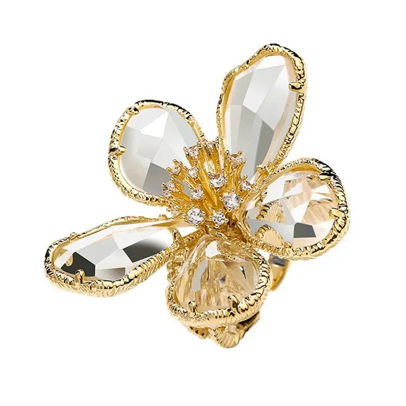 Fashion Elegant Crystal Flower Open Ring for Women 2024 New Luxury Wedding Party Jewelry Accessories Christmas Gifts