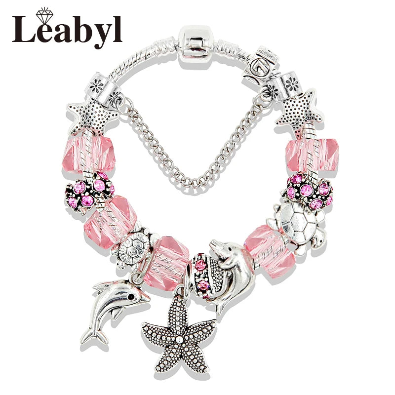 Dropshipping HOT Pink Crystal Heart Shell Charm Bracelet Silver Plated Turtle Starfish DIY Beaded Bracelets Casual Jewelry Gift
