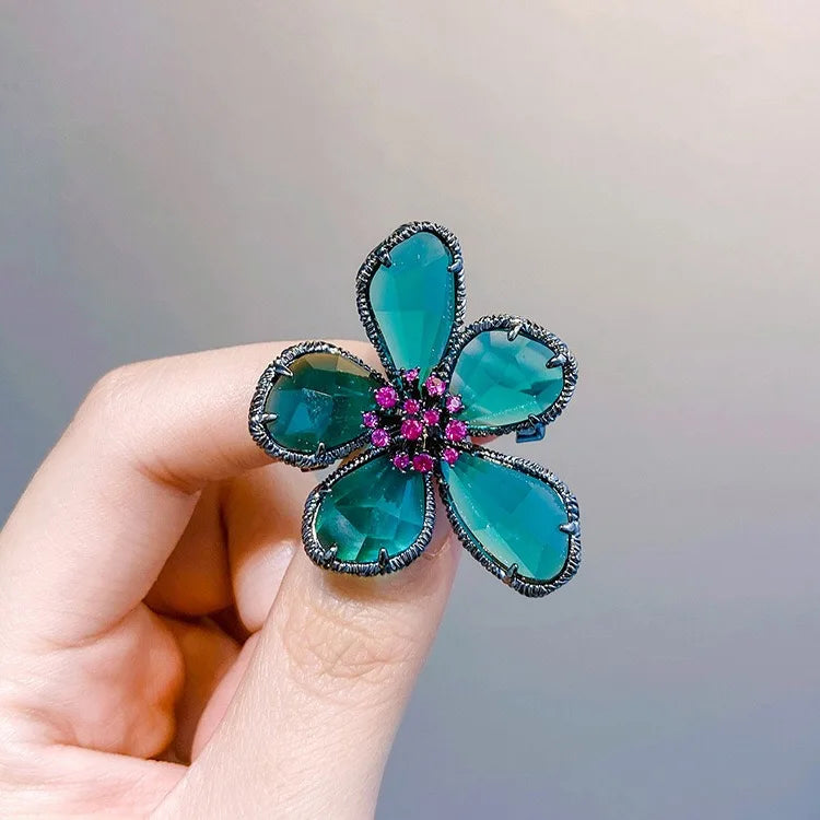 Fashion Elegant Crystal Flower Open Ring for Women 2024 New Luxury Wedding Party Jewelry Accessories Christmas Gifts