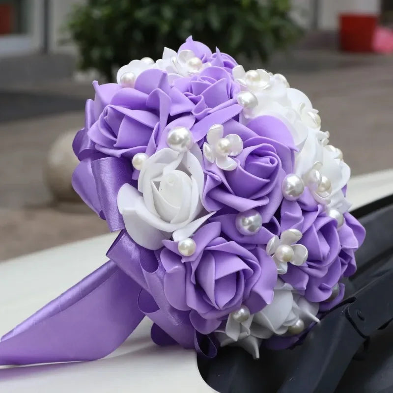 1pc Purple Bridal Bouquets for Wedding Pearl Flower Rose Bouquet Proposal Ball Confession Surprise Gift Ceremony Bridesmaid Prop