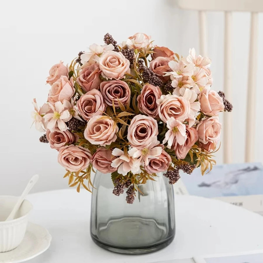 Artificial Flower Silk Rose Christmas Home flowervase Decor Bonsai Room Wedding Bride Bouquet yard  festival Party Diy Hot sale