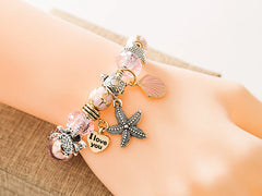 Dropshipping HOT Pink Crystal Heart Shell Charm Bracelet Silver Plated Turtle Starfish DIY Beaded Bracelets Casual Jewelry Gift