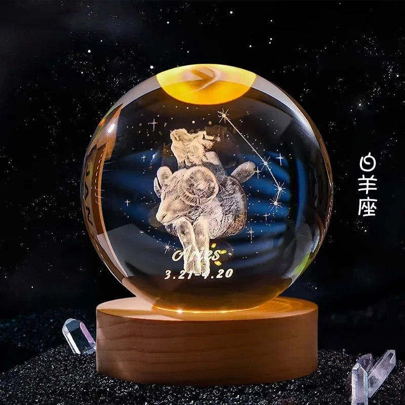 Hot 6cm 3D Crystal Ball Glass Craft Decoration 12 Constellation Birthday Gift Wooden Base Home Desktop Decor Children's Gifts